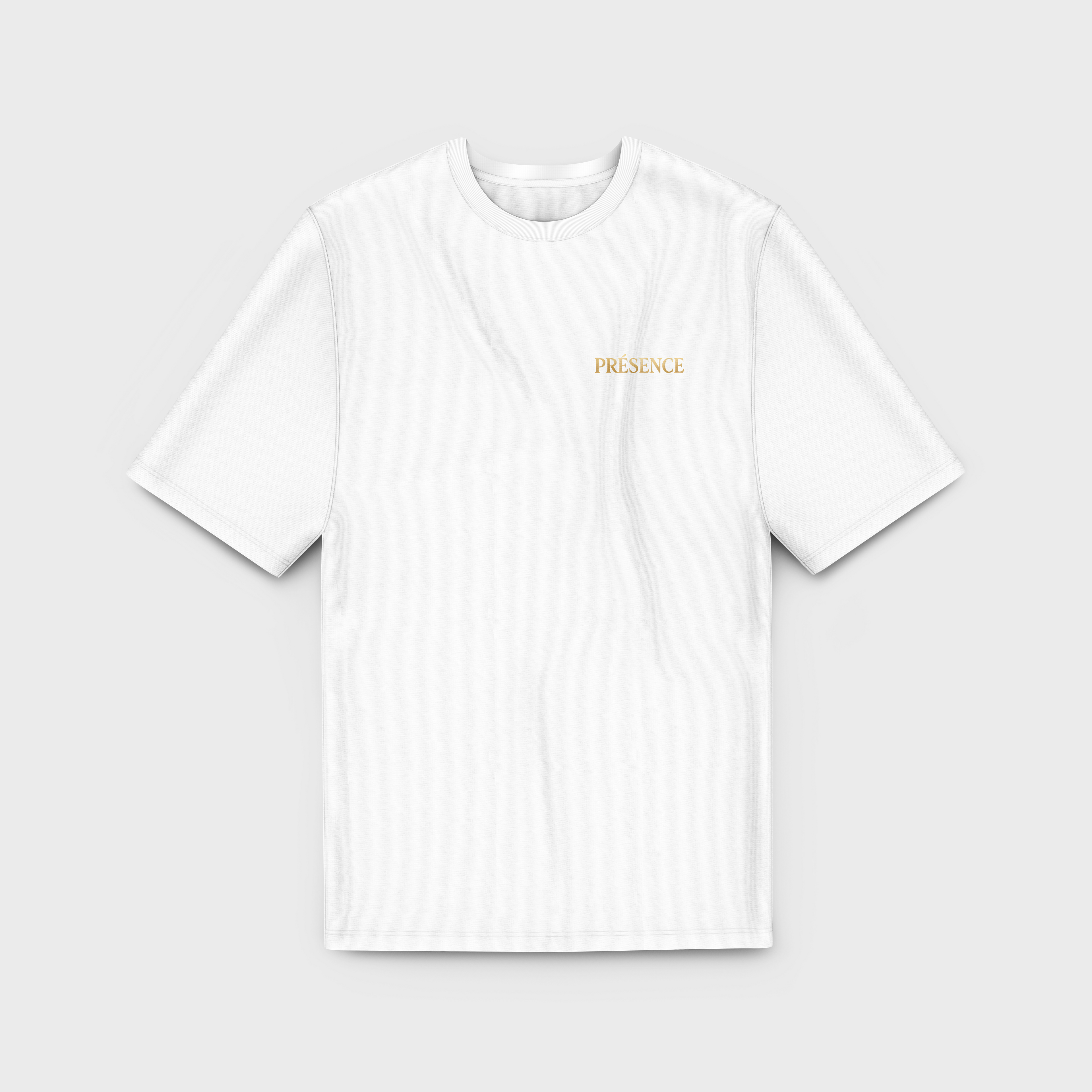 White t-shirt with 'PRESENCE' text in gold on a light gray background