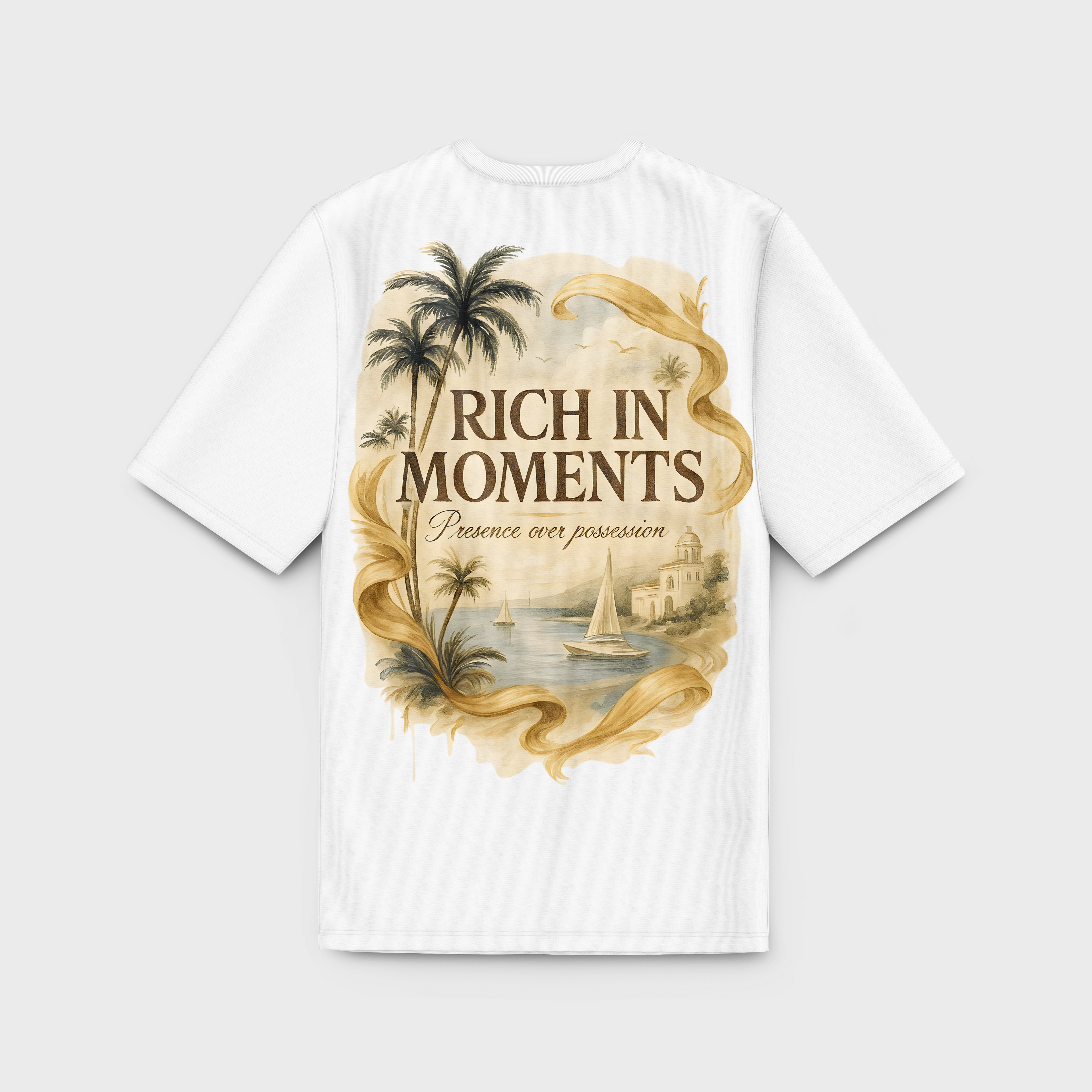 White t-shirt with 'Rich in Moments' graphic design on a white background