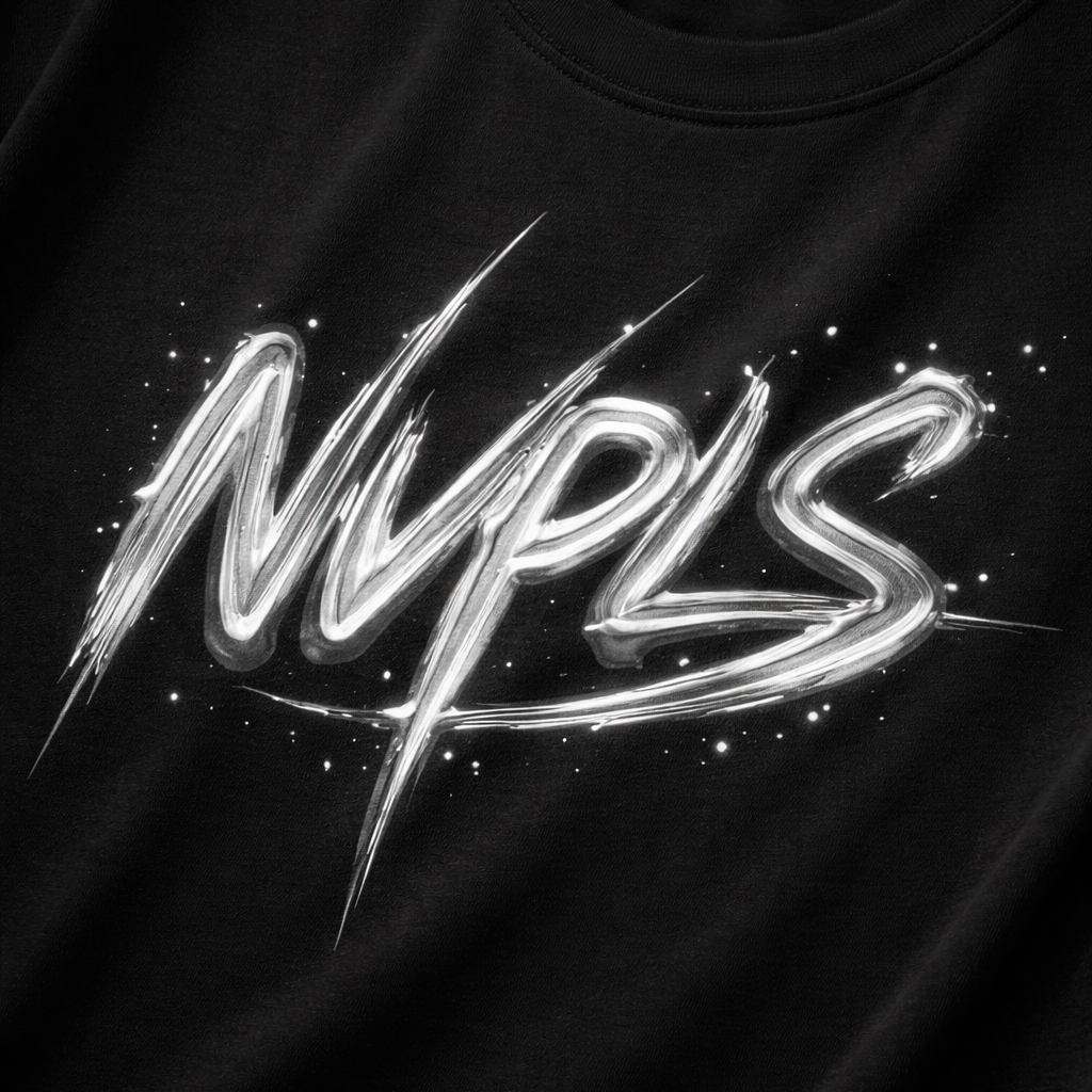 Black t-shirt with 'NPLS' logo in white on a dark background