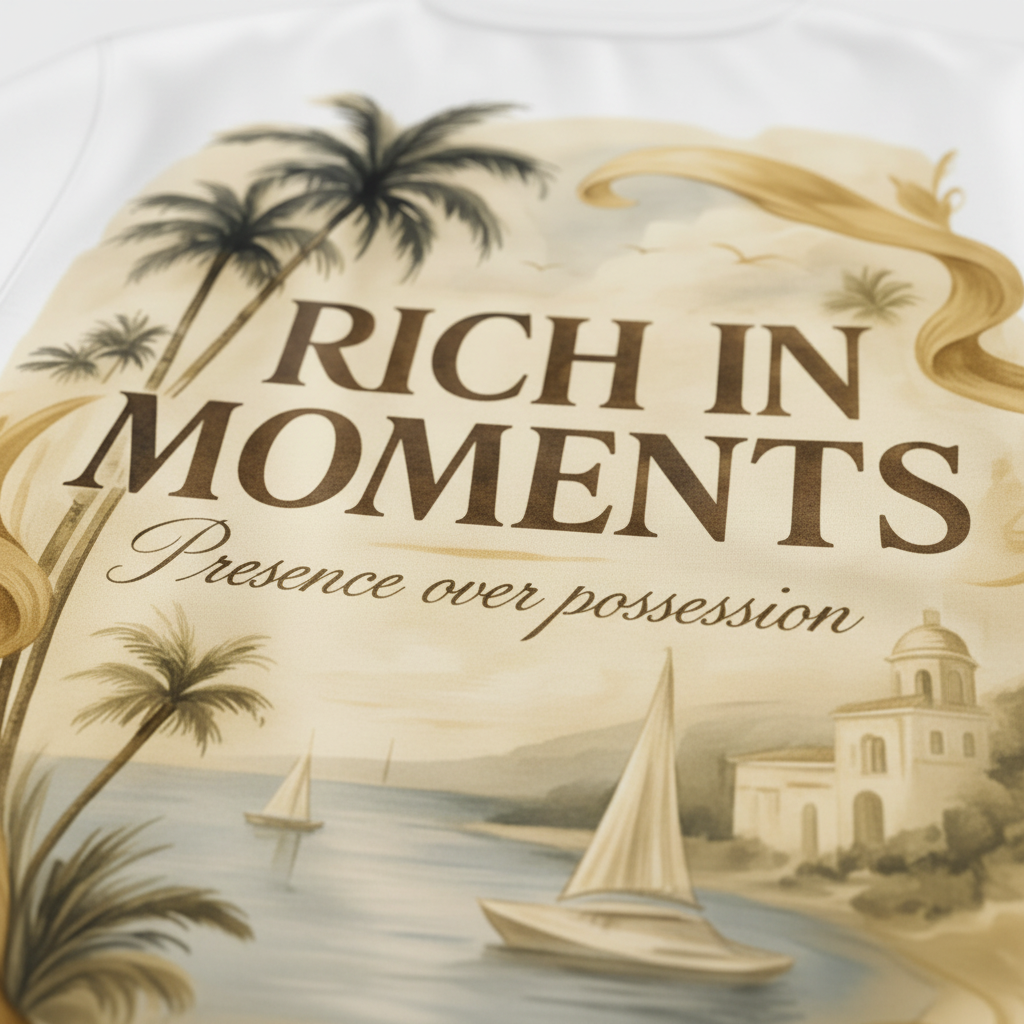 Decorative pillow with 'Rich in Moments' text and tropical design.