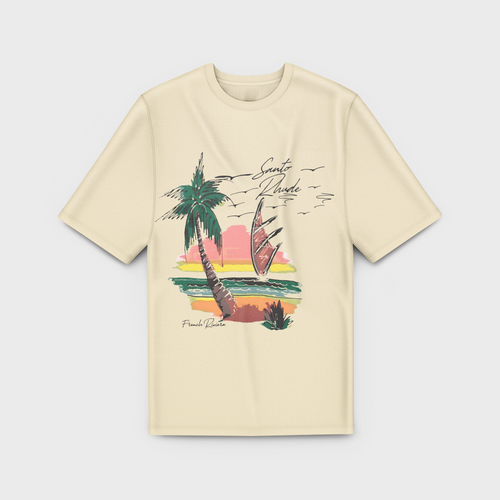 Beige t-shirt with tropical graphic design on a light gray background