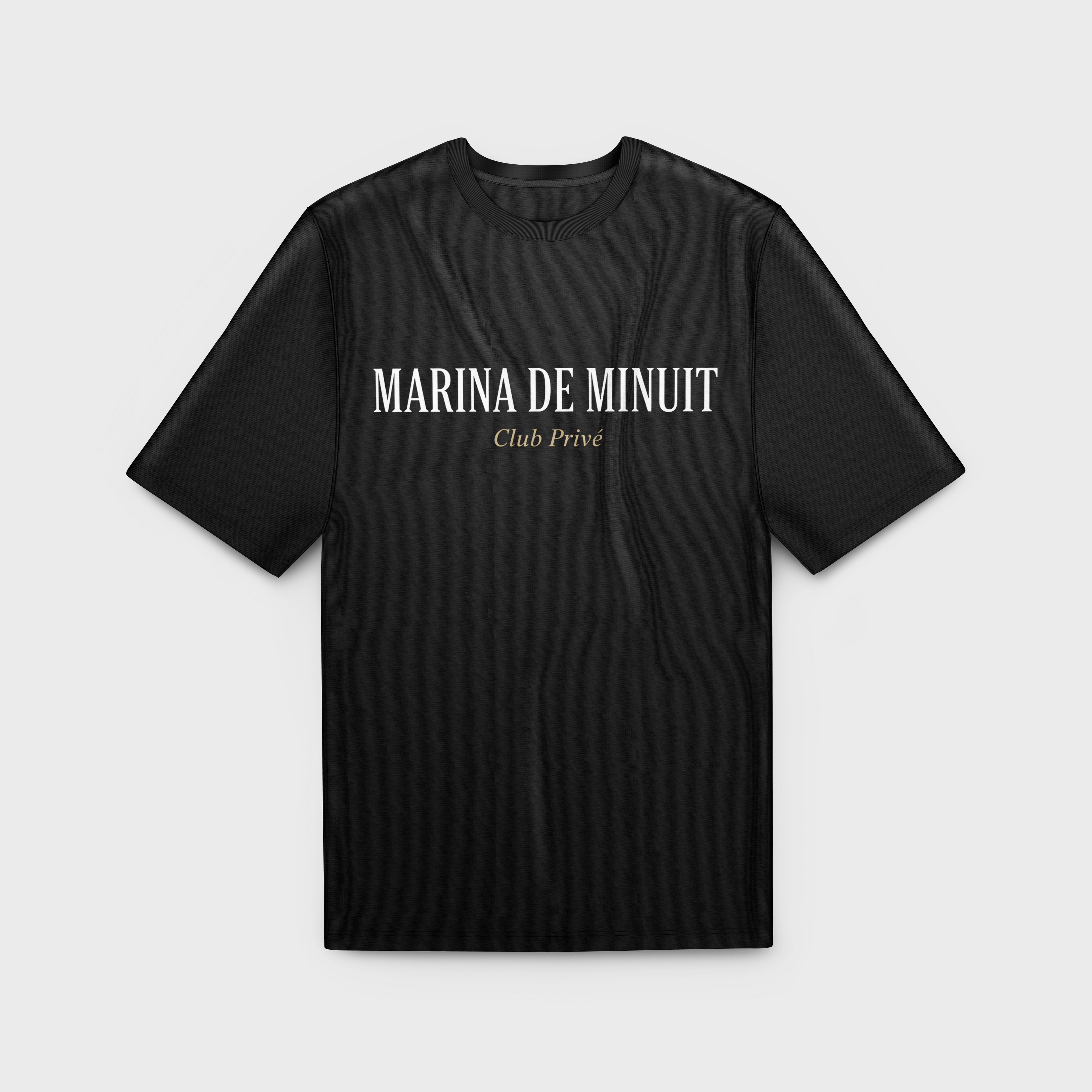 Black t-shirt with 'Marina de Minuit Club Prive' text on a light gray background