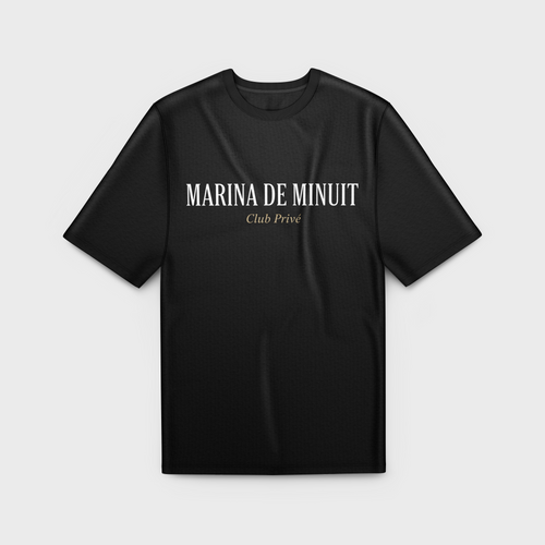 Black t-shirt with 'Marina de Minuit Club Prive' text on a light gray background