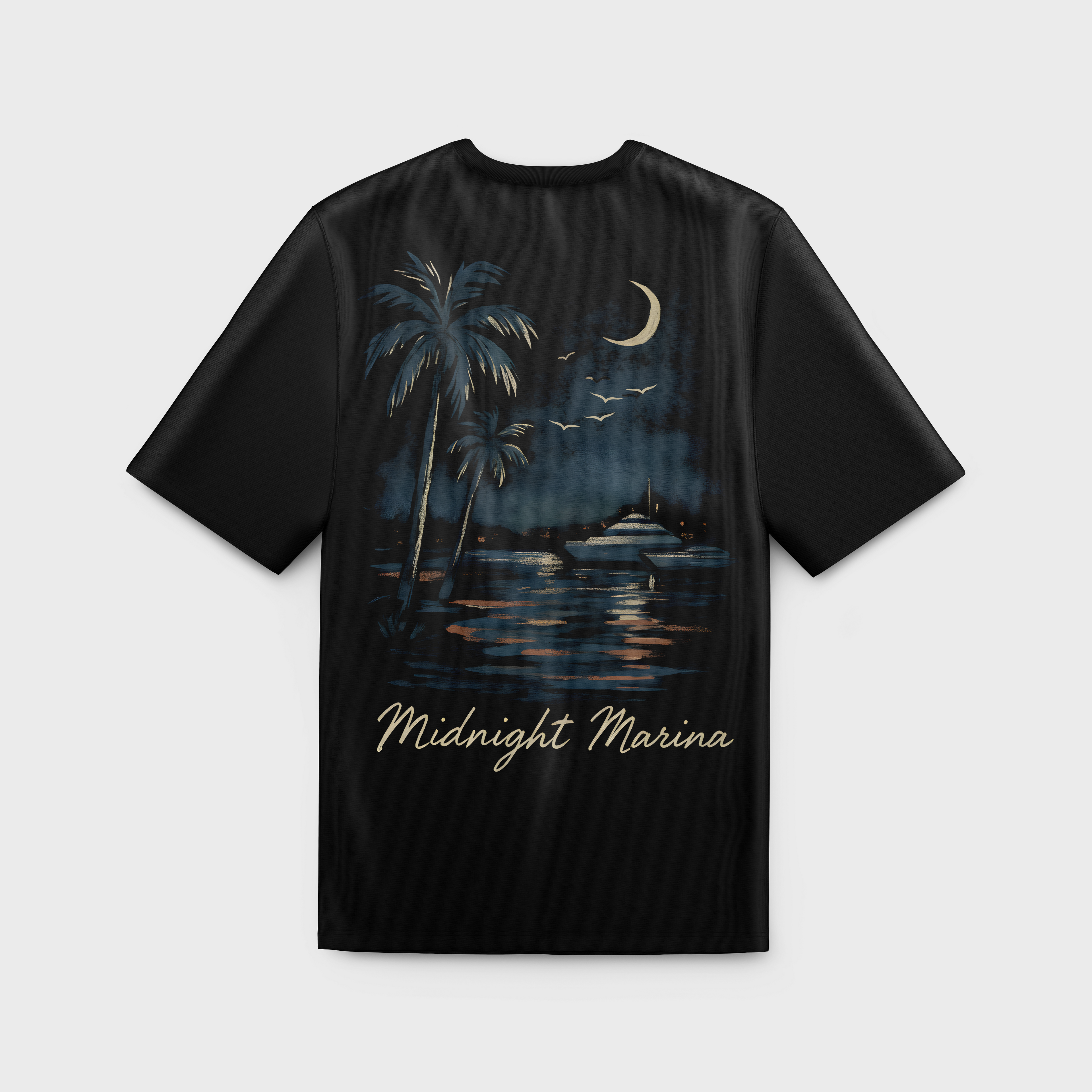 Black t-shirt with 'Midnight Marina' design featuring palm trees, a boat, and moon on a gray background