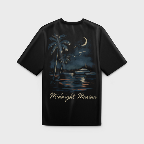 Black t-shirt with 'Midnight Marina' design featuring palm trees, a boat, and moon on a gray background
